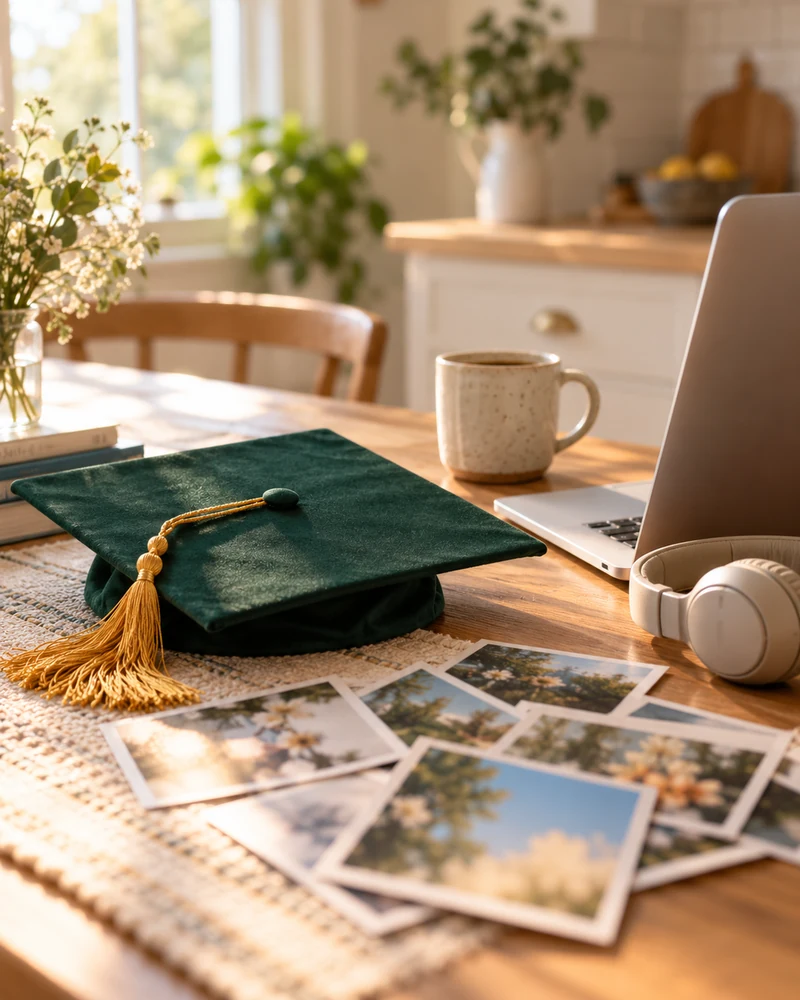 An open laptop on a sunny kitchen table beside a fan of printed photos, a green mortarboard with a gold tassel, a coffee mug and headphones (AI photo)