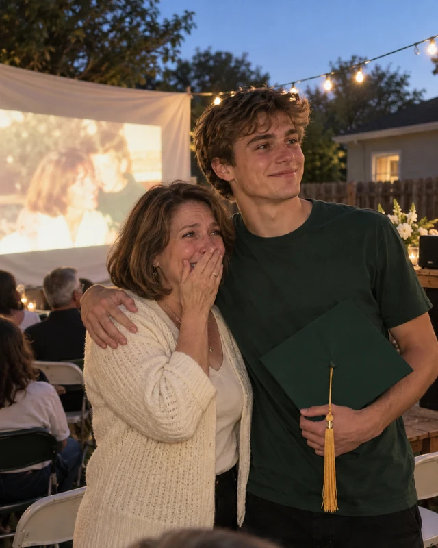 A mother laughs with a hand over her mouth while her tall graduate son hugs her at a backyard party, a slideshow glowing on a sheet behind them (AI photo, fictional people)