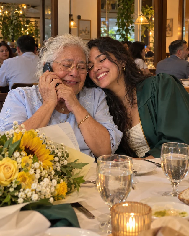 A grandmother with silver hair holds a phone to her ear with her eyes closed and smiles while her adult granddaughter in an open green graduation gown leans cheek to cheek at a restaurant table (AI photo, fictional people)