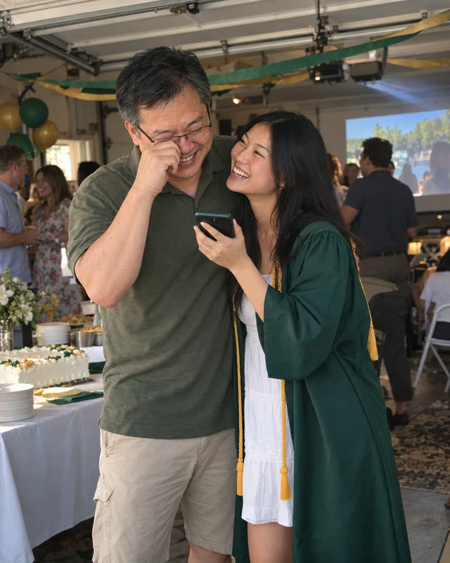 A father wipes one eye under his glasses and laughs while his graduate daughter in an open green gown hugs him and holds up a phone at a garage open house (AI photo, fictional people)