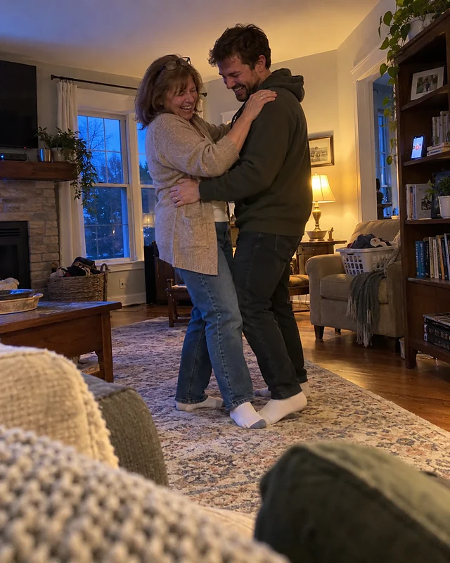 A mother and her grown son in socks laugh while practicing a slow dance in a lamplit living room, the coffee table pushed aside (AI photo, fictional people)