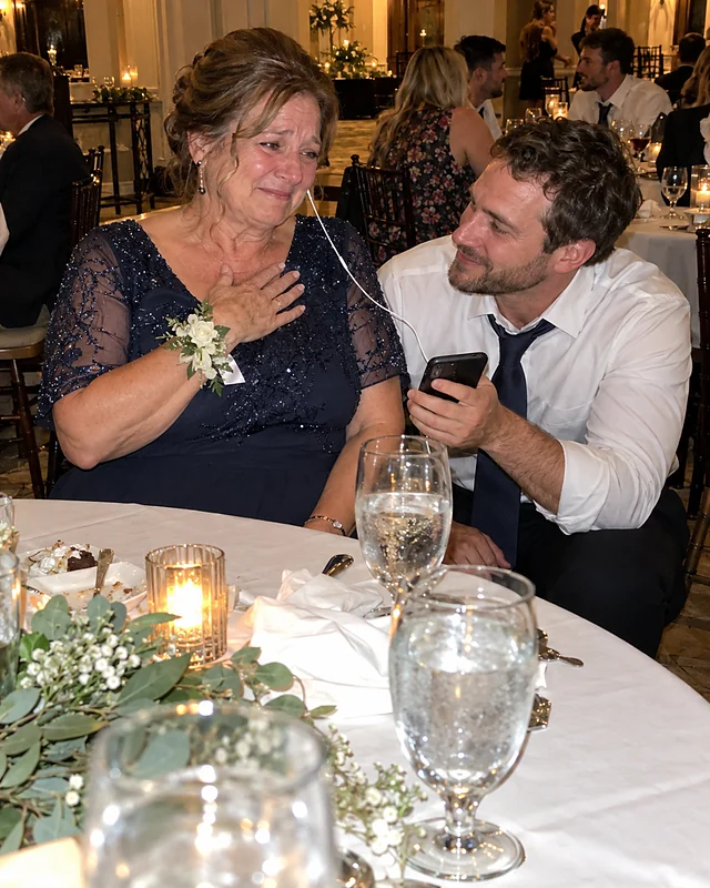 At a wedding reception table, a mother in a navy dress presses a hand to her chest with tears in her eyes, listening through one earbud while her son the groom crouches beside her holding the phone (AI photo, fictional people)
