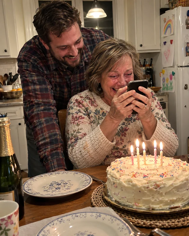 A mother laughs with tears in her eyes holding a phone close at her kitchen table beside a birthday cake with lit candles, her grown son leaning over her shoulder grinning (AI photo, fictional people)